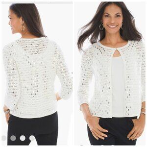 NWT Chico’s White and Silver Sequin Sammie 3/4 Sleeves Cardigan M